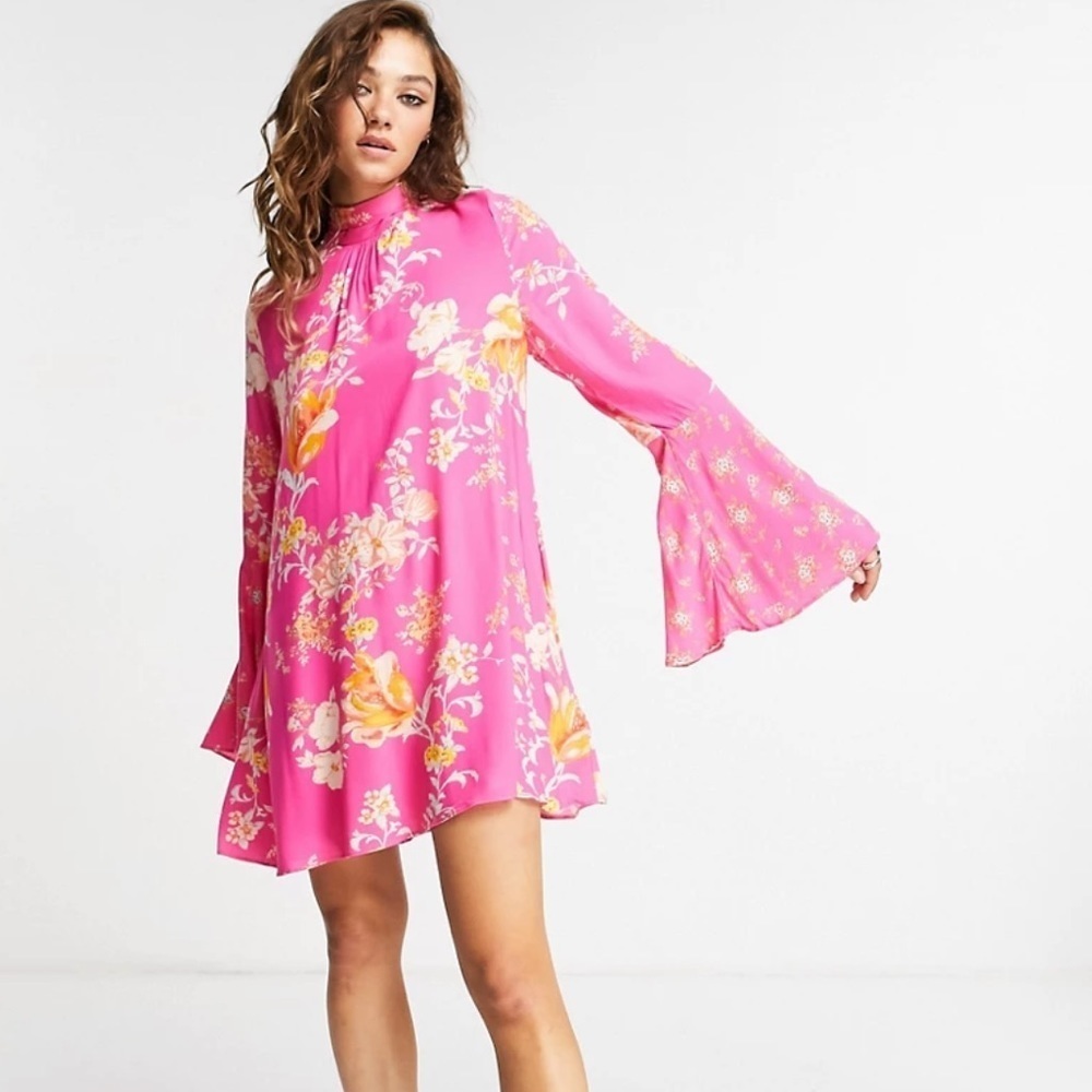 Free People Tate Flared Long Sleeve Floral Tunic In‎ Pink Multi Mock Neck Small